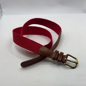 VTG Coach Cherry Red Linen & Tan Leather Belt SZ 32 Brass buckle natural linen